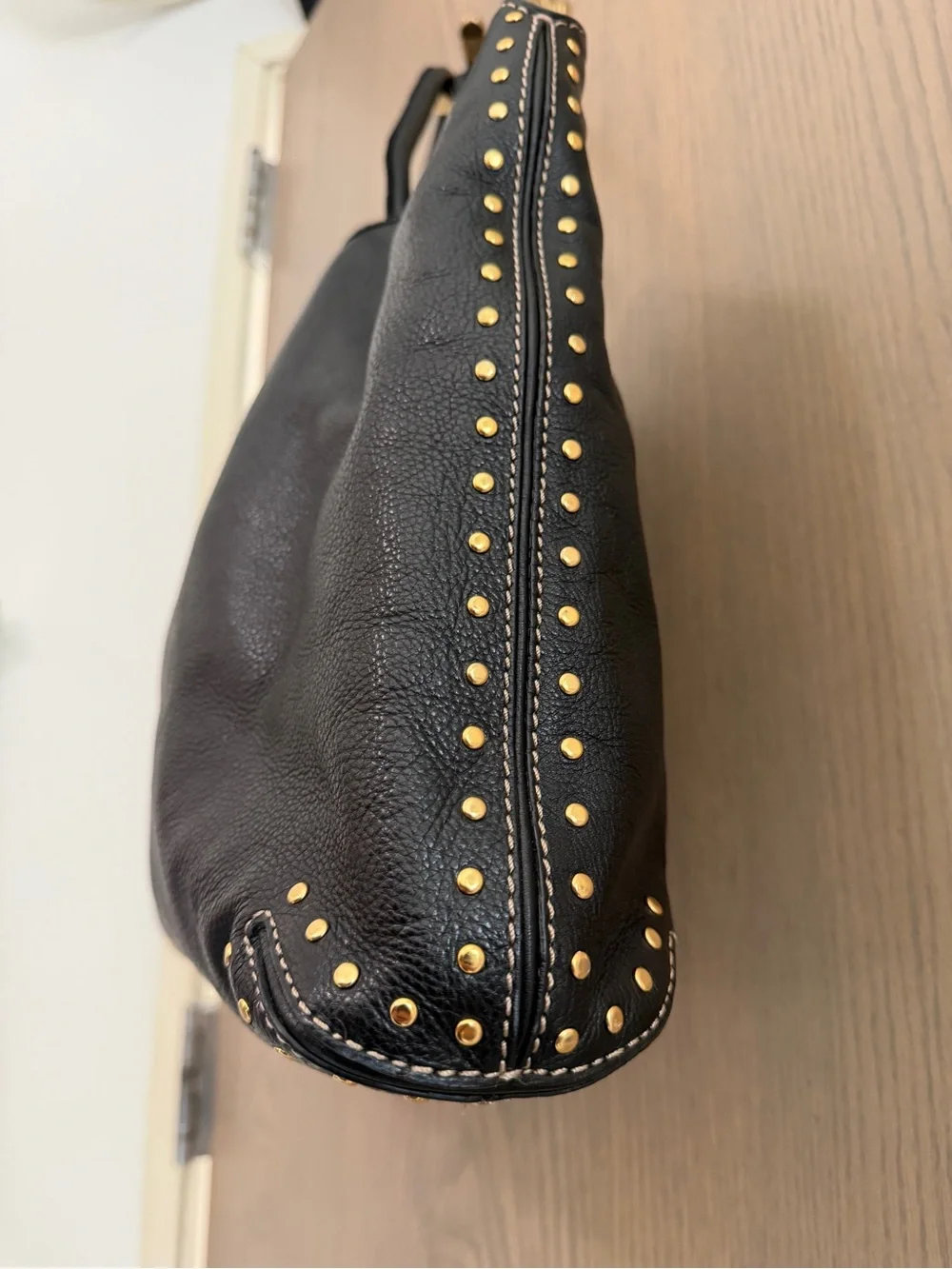 Michael Kors Black Leather Tote with Gold Stud Accents